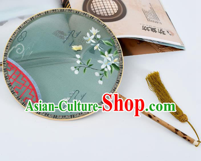 China Classical Green Silk Fan Traditional Embroidered Flowers Butterfly Fan Handmade Mottled Bamboo Palace Fan