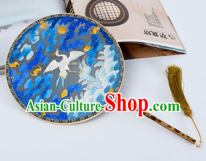 China Traditional Embroidered Cloud Crane Circular Fan Handmade Mottled Bamboo Palace Fan Classical Blue Silk Fan