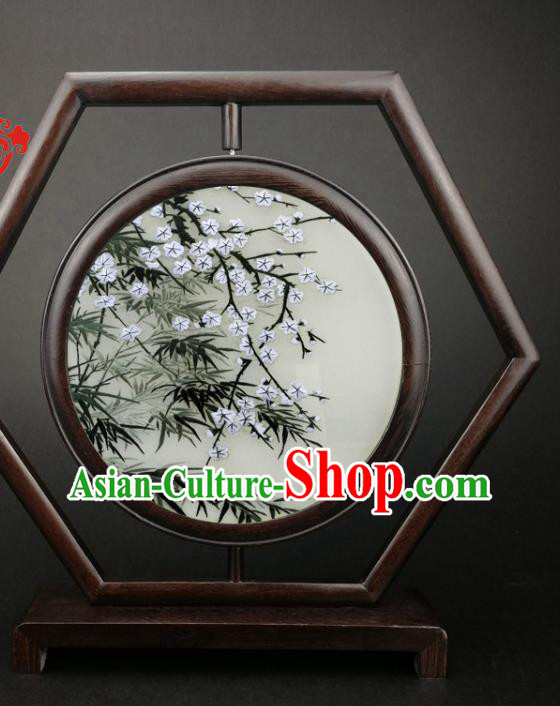 China Handmade Embroidery Plum Bamboo Desk Screen Traditional Furniture Wenge Hexagon Table Screen