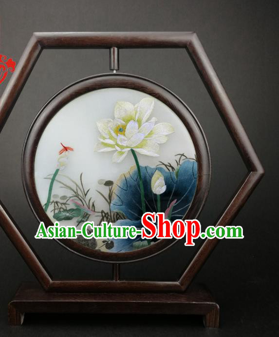China Traditional Furniture Wenge Hexagon Table Screen Handmade Embroidery Lotus Desk Screen