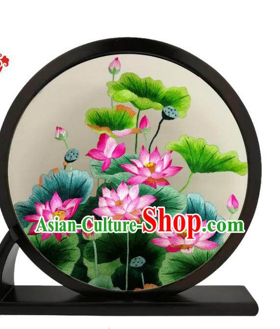 China Traditional Round Blackwood Table Screen Furniture Handmade Suzhou Embroidery Lotus Desk Screen