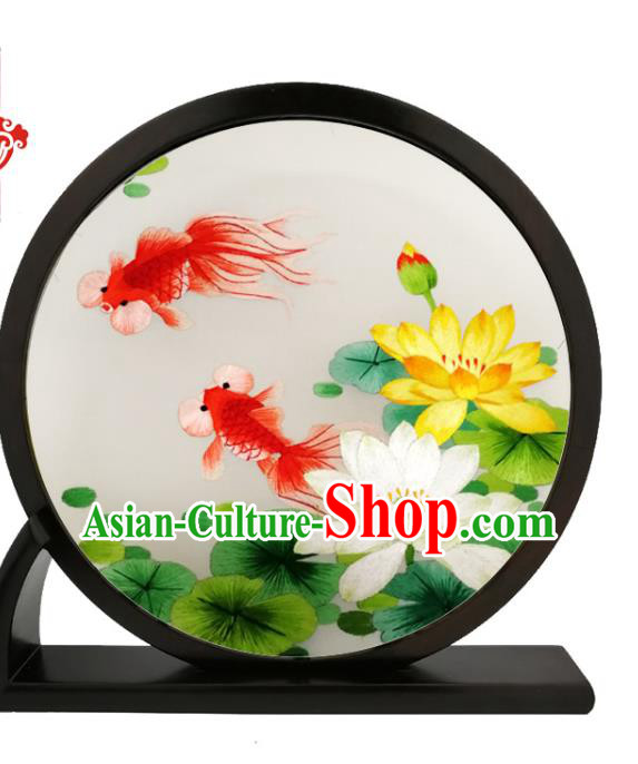China Blackwood Round Table Screen Traditional Suzhou Embroidery Lotus Goldfish Desk Screen
