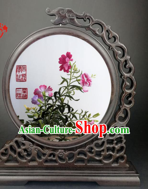 China Wenge Carving Dragon Table Screen Traditional Suzhou Embroidery Flowers Desk Screen