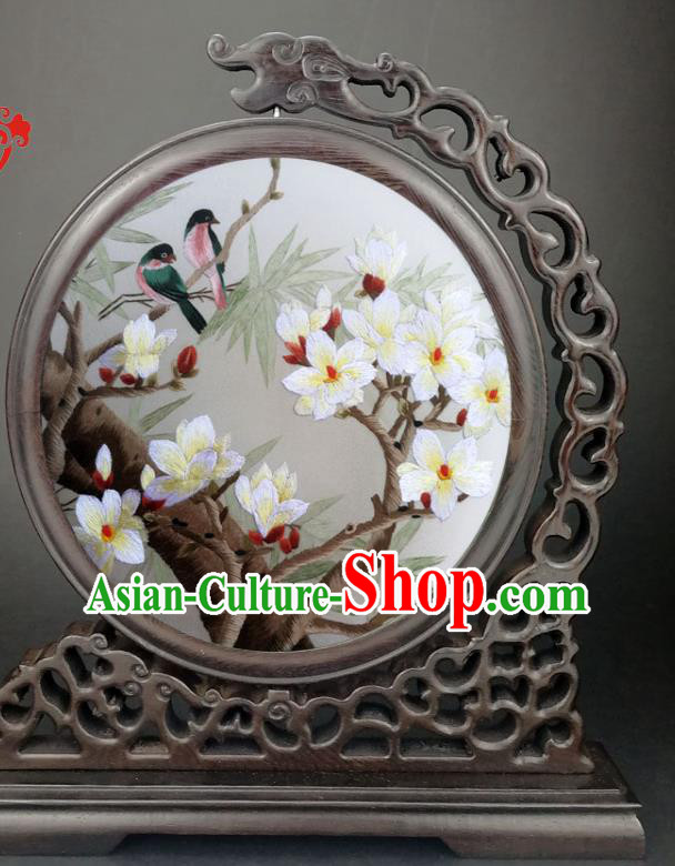 China Traditional Suzhou Embroidery Mangnolia Desk Screen Wenge Carving Dragon Table Screen