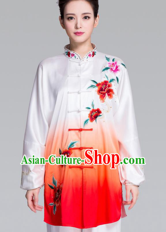 China Kung Fu Competition Clothing Traditional Martial Arts Embroidered Peony Gradient Red Uniforms
