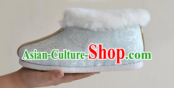 China Hanfu Short Boots Traditional Light Blue Brocade Shoes National Winter Cotton Padded Shoes