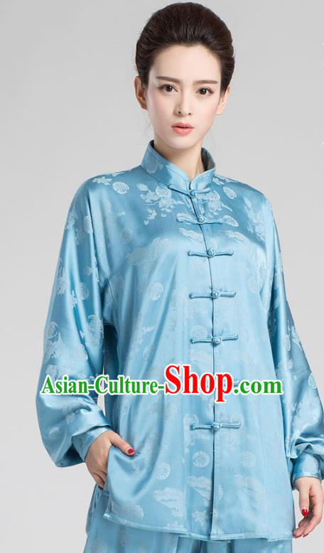 China Tai Chi Kung Fu Training Uniforms Traditional Martial Arts Blue Silk Clothing