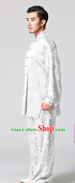 Chinese Traditional Dragon Pattern White Silk Costumes Kung Fu Uniforms for Men