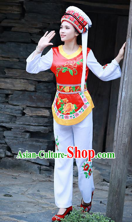 Chinese Ethnic Folk Dance Costumes Bai Nationality Young Lady Clothing and Headwear