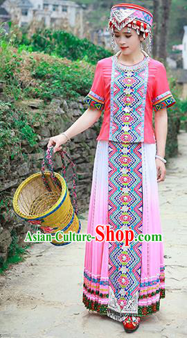 Chinese Tujia Nationality Young Woman Clothing Ethnic Folk Dance Pink Dress Outfits and Hat