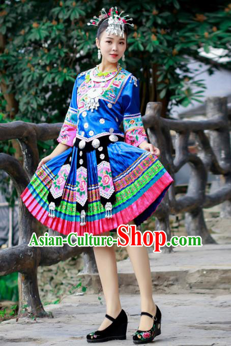 Chinese Miao Nationality Folk Dance Clothing Xiangxi Hmong Ethnic Woman Royalblue Outfits and Headdress
