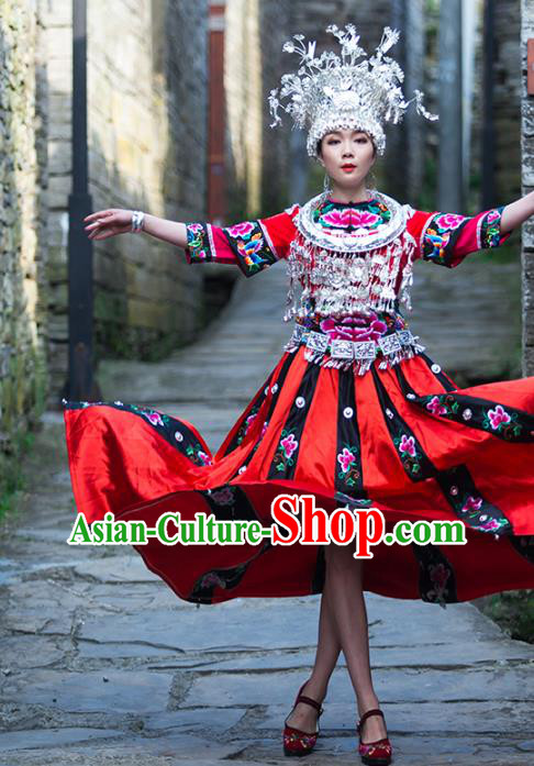 Chinese Miao Nationality Stage Performance Clothing Xiangxi Hmong Ethnic Bride Red Outfits and Silver Headwear