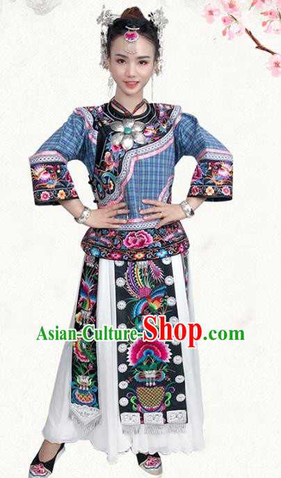 Chinese Miao Nationality Dress Stage Show Clothing Hmong Ethnic Woman Folk Dance Costumes and Hair Jewelry