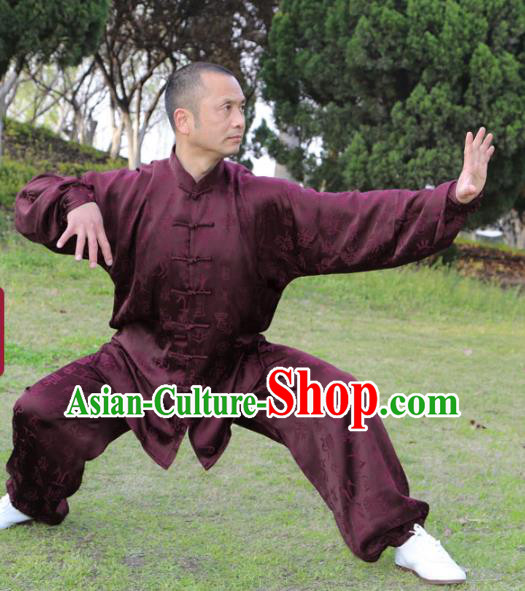 Chinese Traditional Oracle Pattern Purple Silk Uniforms Men Clothing Tai Chi Kung Fu Costumes