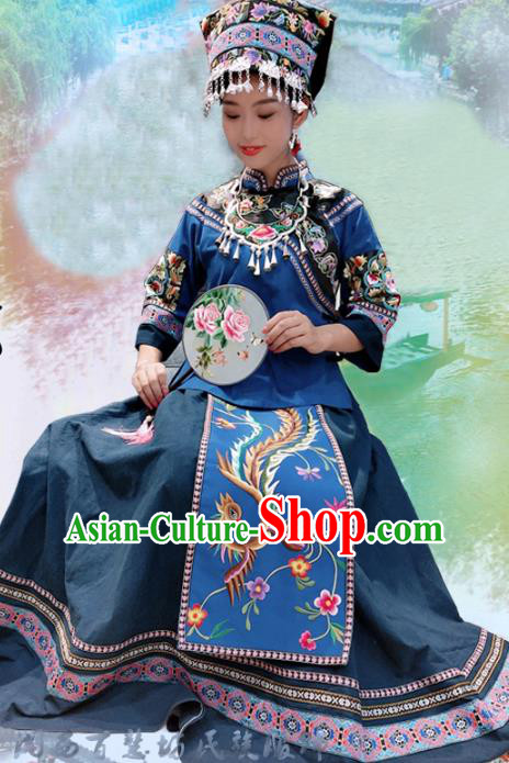 Chinese Bouyei Ethnic Woman Costume Puyi Nationality Dress Minority Folk Dance Clothing and Embroidered Hat