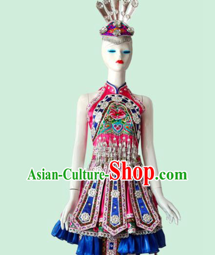 Chinese Xiangxi Ethnic Woman Costume Tujia Nationality Dress Minority Folk Dance Rosy Outfits Clothing and Hair Jewelry