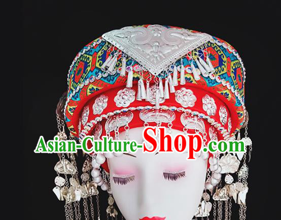 China Hmong Ethnic Minority Wedding Headwear Traditional Miao Nationality Folk Dance Embroidered Red Hat