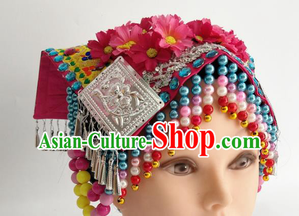 China Xiangxi Ethnic Minority Woman Headwear Traditional Yi Nationality Folk Dance Beads Tassel Hat