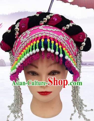 China Bouyei Ethnic Minority Folk Dance Headwear Traditional Yi Nationality Silver Tassel Rosy Hat