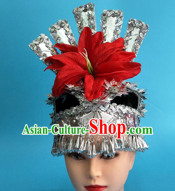 China Miao Ethnic Folk Dance Headwear Traditional Hmong Nationality Minority Silver Phoenix Coronet