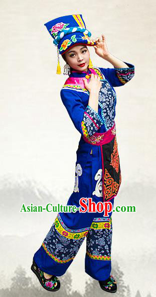 Chinese Xiangxi Ethnic Folk Dance Royalblue Outfits Qiang Nationality Female Informal Clothing and Hat