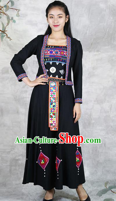 Chinese Hani Minority Informal Clothing Yunnan Ethnic Costume Nationality Woman Black Dress Outfits
