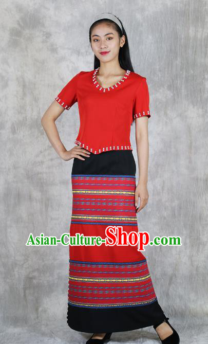 Chinese Yunnan Nationality Woman Red Dress Outfits Ethnic Folk Dance Costume Wa Minority Informal Clothing
