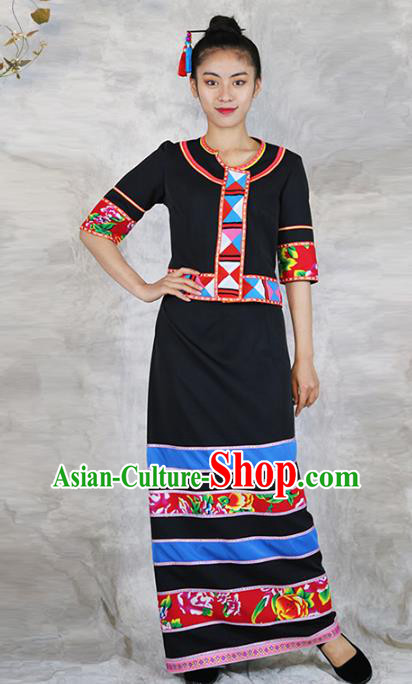 Chinese Ethnic Woman Costume Lahu Minority Informal Clothing Yunnan Nationality Black Dress Outfits
