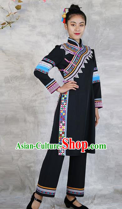 Chinese Lahu Minority Informal Clothing Yunnan Nationality Black Dress Outfits Ethnic Woman Costume