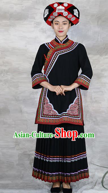 Chinese Ethnic Woman Costume Yi Minority Stage Performance Clothing Yunnan Nationality Folk Dance Black Dress Outfits and Hat