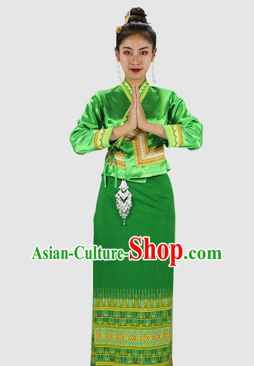 Chinese Dai Nationality Dance Green Dress Outfits Yunnan Ethnic Woman Informal Costume Yunnan Minority Clothing