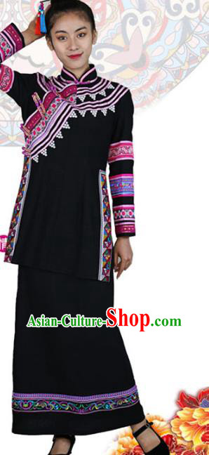 Chinese Lahu Minority Black Outfits Clothing Yunnan Ethnic Woman Informal Costume Nationality Folk Dance Dress