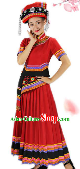 Chinese Yi Minority Red Outfits Clothing Ethnic Folk Dance Costume Nationality Woman Wedding Dress