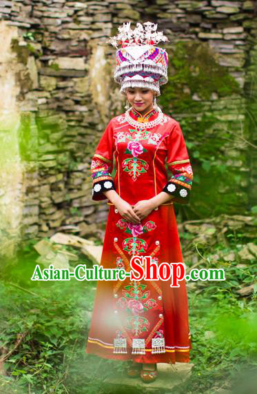 Chinese Ethnic Bride Red Outfits Tujia Nationality Wedding Dress Clothing and Headdress
