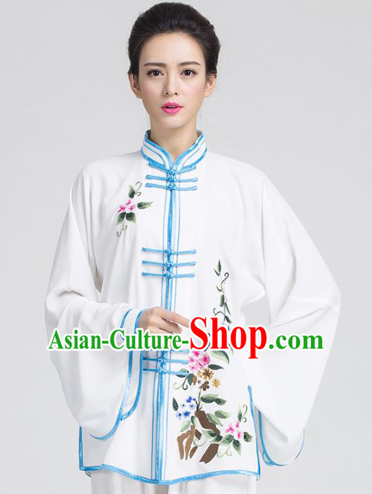 China Traditional Embroidered White Outfits Top Kung Fu Tai Chi Competition Costume