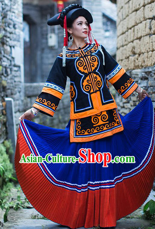 Chinese Ethnic Woman Folk Dance Outfits Costumes Yi Nationality Dress Stage Show Clothing and Beads Tassel Black Hat