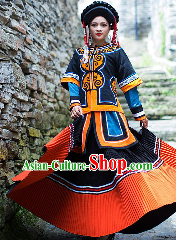 Chinese Yi Nationality Dress Stage Show Clothing Ethnic Woman Folk Dance Outfits Costumes and Hat