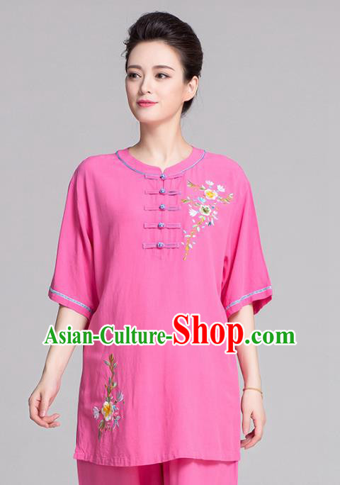 China Traditional Martial Arts Costume Women Tai Chi Clothing Kung Fu Printing Flowers Rosy Uniforms