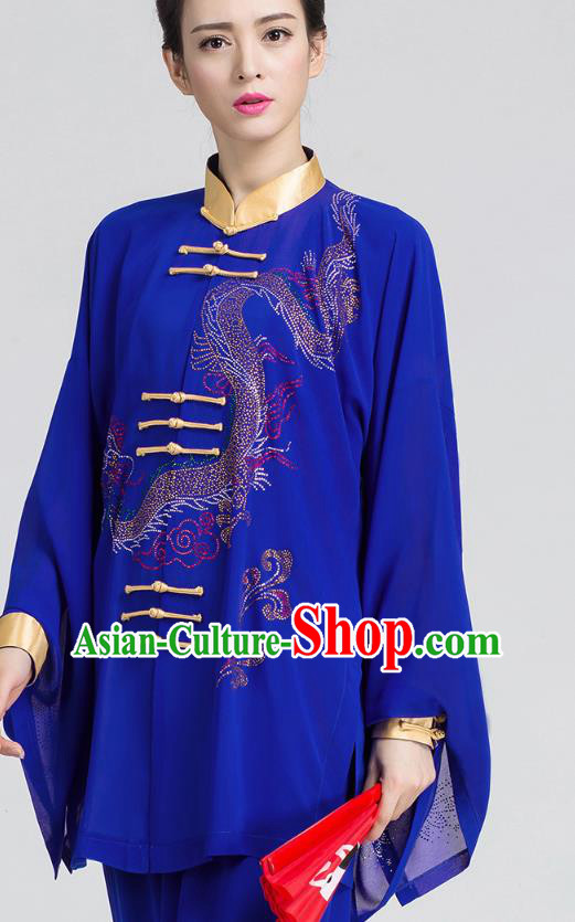 China Martial Arts Competition Clothing Tai Chi Kung Fu Royalblue Three Pieces Uniforms
