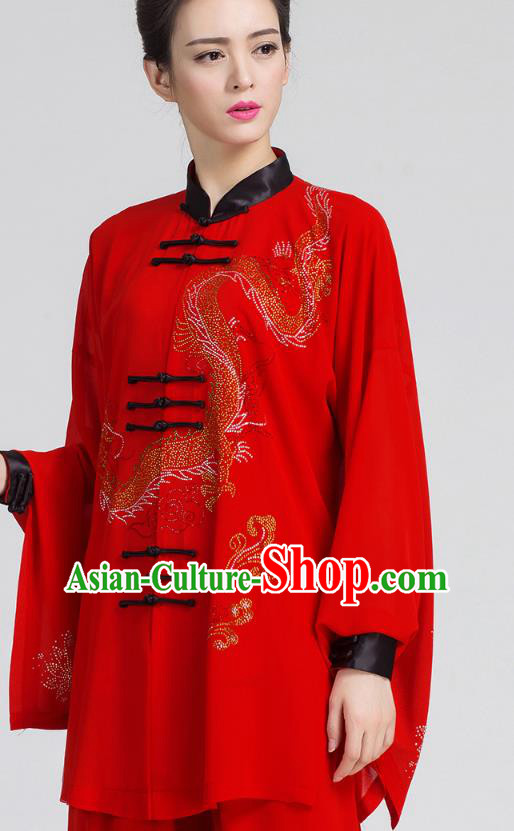 China Kung Fu Costumes Tai Chi Red Three Pieces Uniforms Martial Arts Competition Clothing