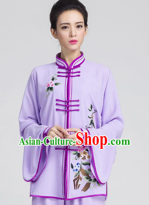 China Women Tai Chi Training Costumes Traditional Kung Fu Embroidered Violet Outfits