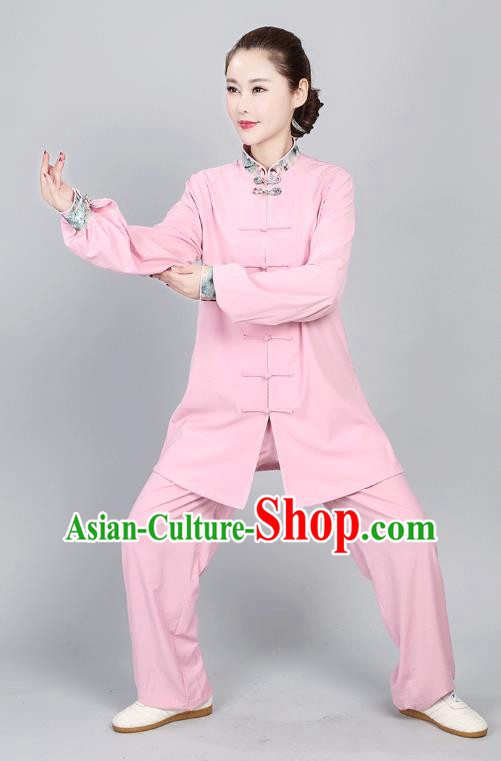China Martial Arts Pink Flax Uniforms Tai Chi Training Clothing Kung Fu Performance Costumes