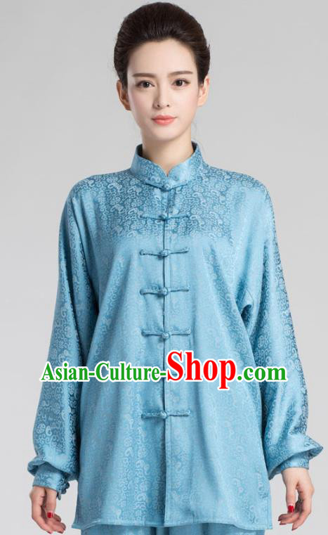 China Kung Fu Training Costumes Traditional Tai Chi Performance Blue Silk Uniforms