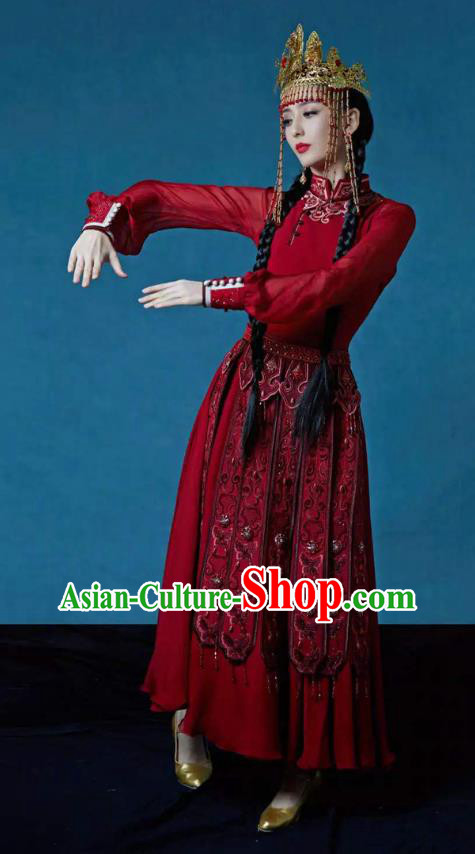 Chinese Xinjiang Ethnic Nationality Stage Performance Costume Uyghur Minority Folk Dance Red Dress