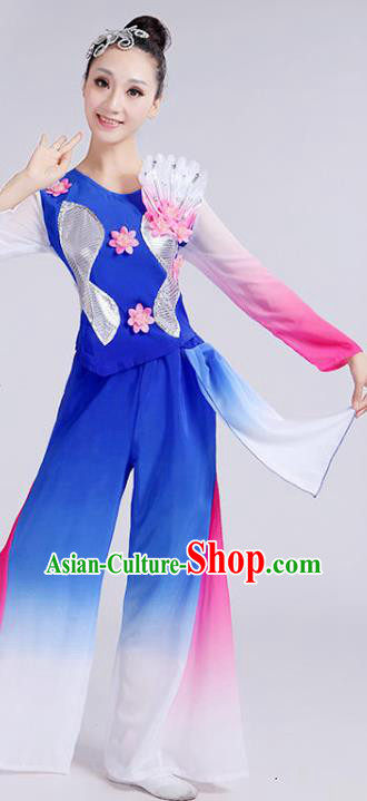 Chinese Umbrella Dance Clothing Fan Dance Stage Performance Costume Folk Dance Royalblue Outfits