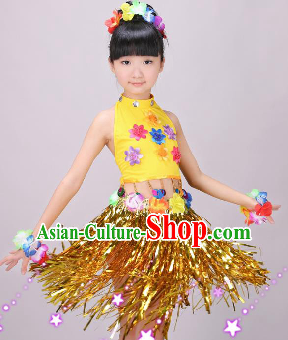 Top Stage Performance Clothing Children Day Dance Yellow Outfits Hawaiian Dance Dress