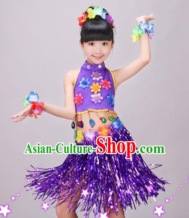 Top Hawaiian Dance Dress Stage Performance Clothing Children Day Dance Purple Outfits