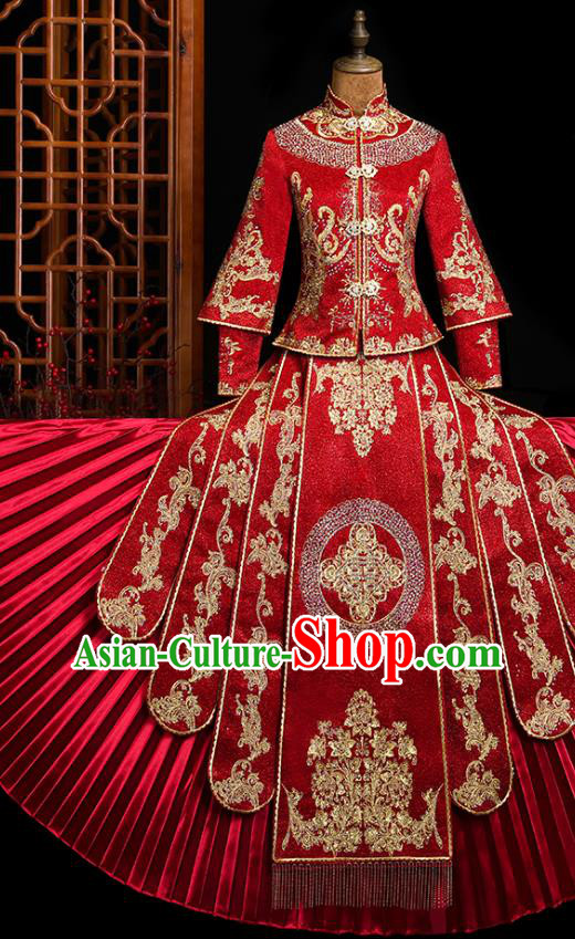 Chinese Classical Bride Embroidered Costumes Xiuhe Suit Drilling Outfits Traditional Wedding Toast Clothing