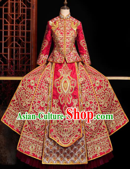 Chinese Traditional Wedding Embroidered Clothing Classical Bride Toast Costumes Xiuhe Suit Drilling Red Outfits