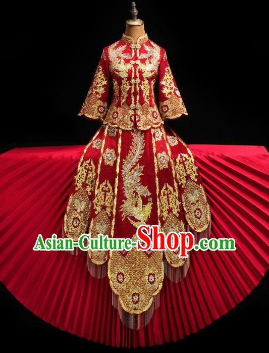 Chinese Traditional Red Xiuhe Suit  Wedding Diamante Golden Phoenix Outfits Clothing Bride Toast Embroidered Costumes
